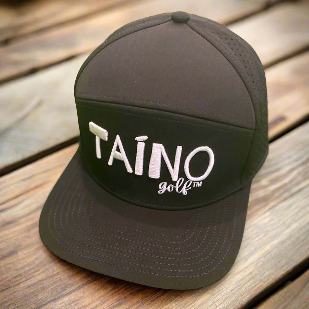 Waterproof Taino Golf hat in black, designed to protect golfers from sun and rain while maintaining breathability and comfort, featuring the Taino Golf logo in white on the front.